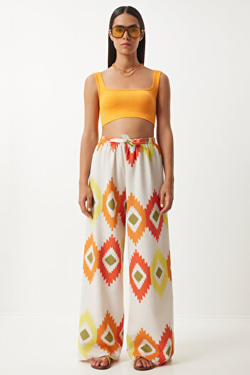 Lovelyİstanbul Linen Palazzo Pants - Floral Print, Yellow Cream, Lbh0002