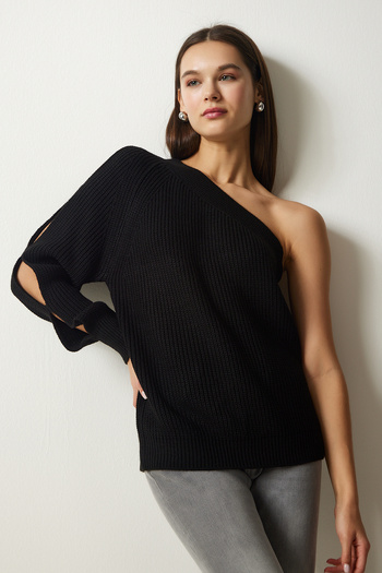 Lovelyİstanbul Single Sleeve Knitwear Sweater - Window Detail, Black Lpf0035
