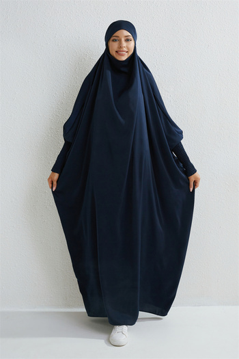 Choice One Size Blue Muslim Abaya Hooded Smocking Sleeve One-piece Prayer Dress Women Jilbab Islamic Clothi