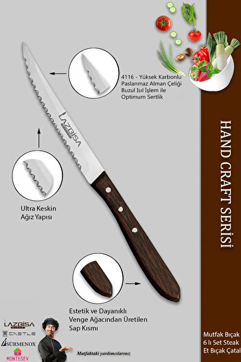 LAZBİSA Hand Craft Serisi Steak Et Yemek Kahvaltı Bıçağı Çatalı 12 Li Set Mutfak Bıçak Seti ( Mtf-061 )