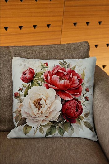 Şah Dekor Nature Themed Floral Pattern Red Color 6-Piece Digital Printed Throw Pillow Cover