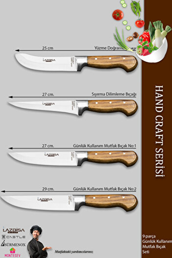 LAZBİSA Hand Craft Mutfak Bıçak Seti Et Ekmek Sebze Bıçağı Masat 9 Lu Set Günlük Kullanım ( Mtf-257 )