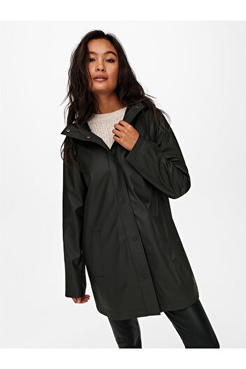 ONLY 15234052 2 Pocket Hooded Leather Coat with Snap Fasteners