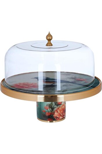 ALSAIF Porcelain Cake Serving Stand 30.5 X 30.5 X 24.3 Cm Round Bird Pattern With Clear Cover Colored
