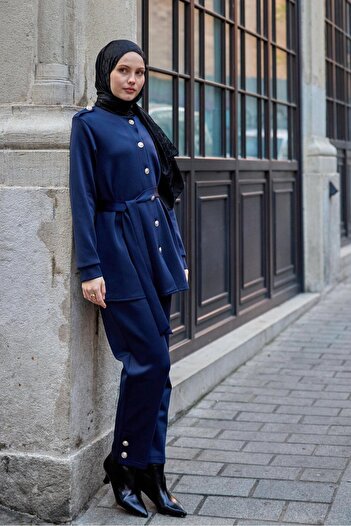 LOCCO Navy Blue Women's Double Suit - with Epaulettes and Belt