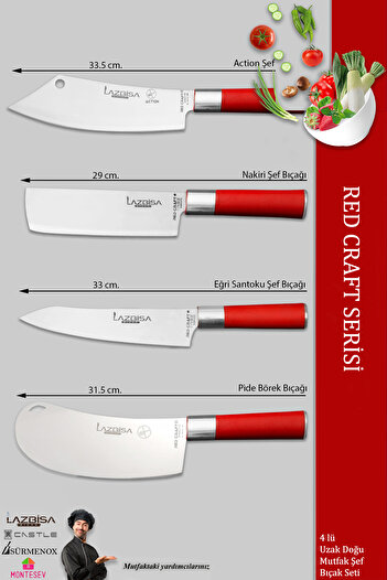 LAZBİSA Red Craft Serisi Mutfak Şef Bıçak Seti Et Ekmek Sebze Şef Bıçağı 4 Lü Set Günlük Kullanım (MFT-271)