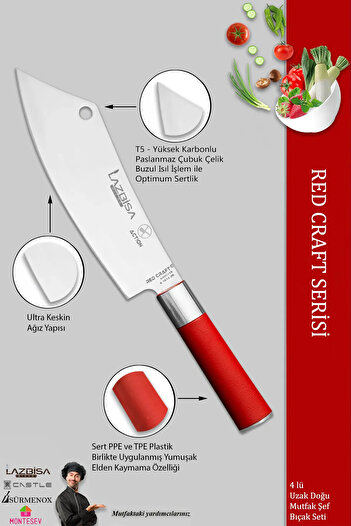 LAZBİSA Red Craft Serisi Mutfak Şef Bıçak Seti Et Ekmek Sebze Şef Bıçağı 4 Lü Set Günlük Kullanım (MFT-271)