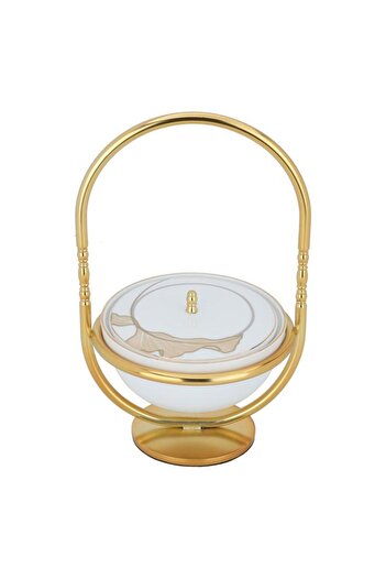 ALSAIF Porcelain Date 14 X 14 X 24.5 Cm Engraved With Lid Golden Stand White