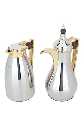 ALSAIF Alaa Steel Thermos Set 1 Liter Wooden Handle Silver