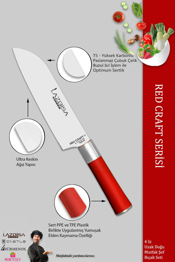 LAZBİSA Red Craft Serisi Mutfak Şef Bıçak Seti Et Ekmek Sebze Bıçağı 4 Lü Set Günlük Kullanım (MFT-325)