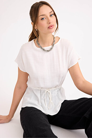 Vitrin Round Neck Linen Blouse with Drawstring Waist