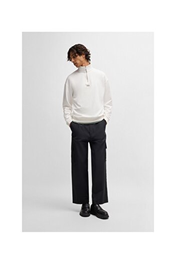 HUGO Logo baskılı pamuklu havlu kumaştan yakası fermuarlı sweatshirt