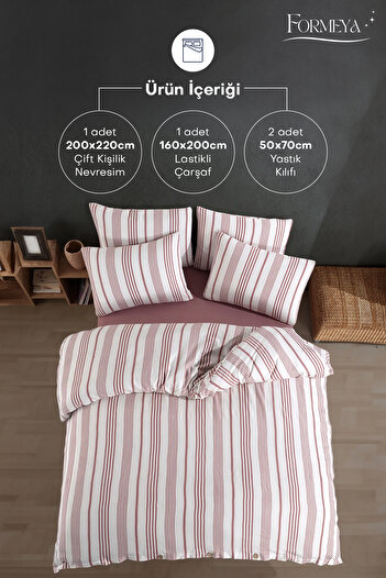 Formeya Striped Buttoned Double Duvet Cover Set (Including Fitted Sheet) Modern Cotton Comfort