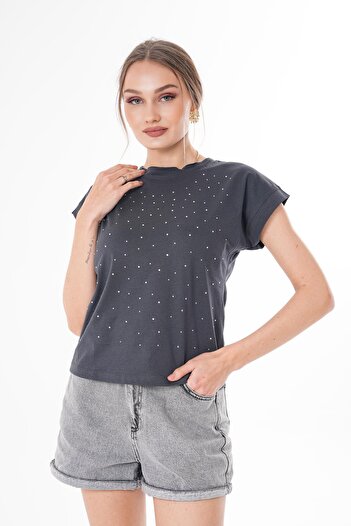 ŞİMAL Kadın Taş Detaylı Bisiklet Yaka Oversize Tişört 250063 -