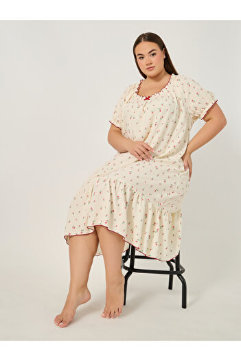 Styli Plus Size All-Over Print A-Line Ruffle Hem Sleep Night Dress