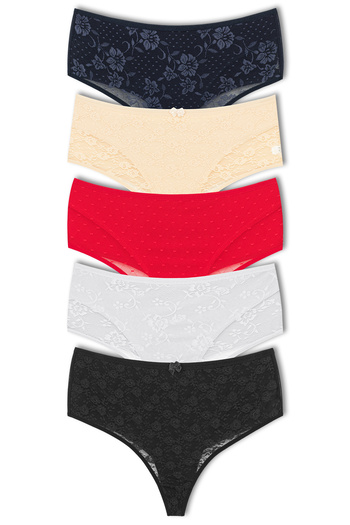 HNX 5-Piece Front Double Layer Lined Lace High Waist Cotton Thong Women's Panties