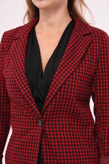armonika Women's Claret Red Houndstooth Pattern Single Button Jacket ARM-20K001121