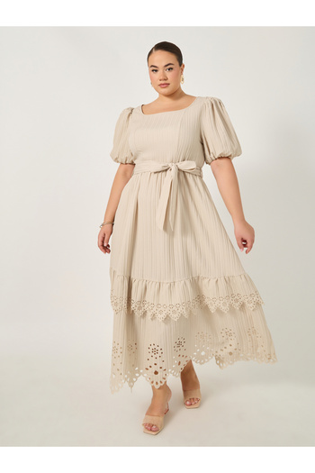 Styli Plus Cream Maxi Dress with Cut-Out Pattern
