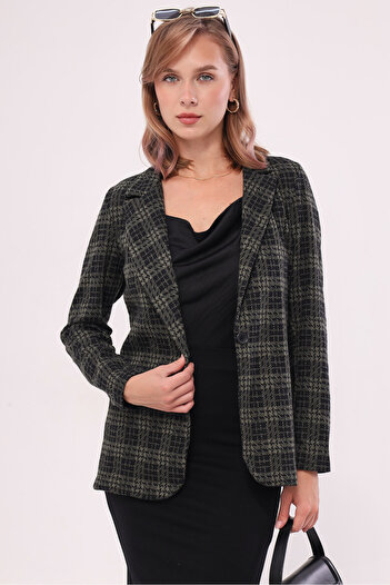 armonika Women's Khaki Stamp Single Button Plaid Jacket ARM-19K001131
