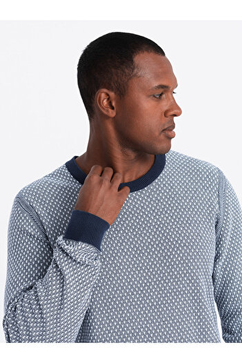 OMBRE Pulover bărbați tricotat RELAXED FIT cu modele - bleumarin V1 OM-SWSW-0111 S