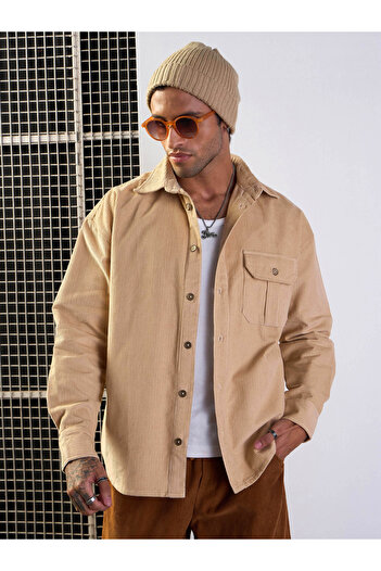 Mascln Sassafras By Styli Corduroy Front Button Shacket with Pocket Detail