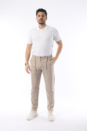 İDS COLLECTİON Ανδρικό μπεζ Jogger Cut ελαστική μέσης εύκαμπτο Lycra Silimfit παντελόνι από ύφασμα