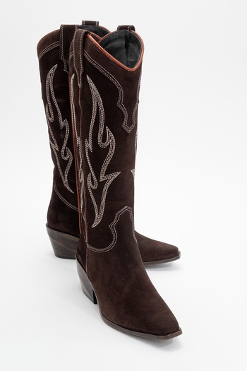 LuviShoes Γυναικείες Western Μπότες PİETRO Brown Γνήσιο Δερμάτινο Suede