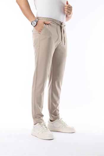 İDS COLLECTİON Ανδρικό μπεζ Jogger Cut ελαστική μέσης εύκαμπτο Lycra Silimfit παντελόνι από ύφασμα