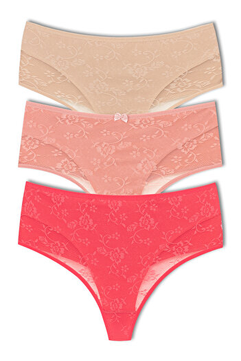 HNX 3-Piece Front Double Layer Lined Lace High Waist Cotton Thong Women's Panties