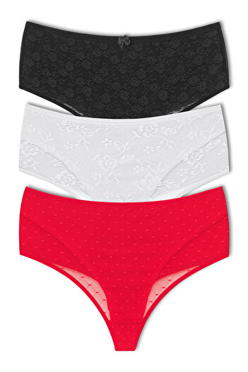 HNX 3-Piece Front Double Layer Lined Lace High Waist Cotton Thong Women's Panties