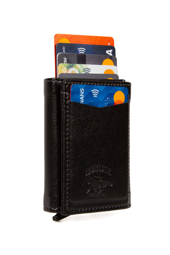 Newish Unisex Black Vegan Leather Mechanism Wallet and Card Holder