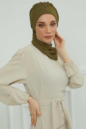 Aisha's Design Chiffon Ready-Made Turban with Colorful Stone Accessories,Ht-51,Ht-51,Khaki Green