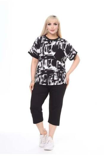 kısmet sepeti Women's Bottom-Top Short Sleeve Capri 2-Piece Lycra Pocket Detail Black and White Combed Cotton Suit
