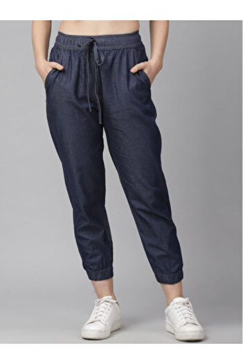 Kassually By Styli Denim Look Elasticated Waistband Cropped Joggers