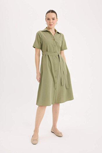 DeFacto New Season A-Line Shirt Neck Poplin Short Sleeve Midi Dress