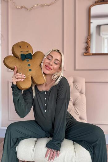 Pijamaevi Yeşil Dublin Uzun Kollu Patlı Kadın Pijama Takımı