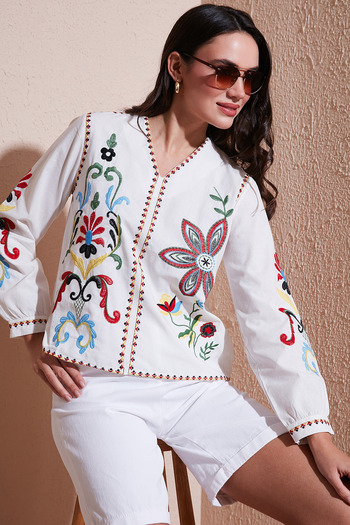 Lela Cotton Embroidery Embroidered Oversize Fit V-Neck Blouse Bluz 676254