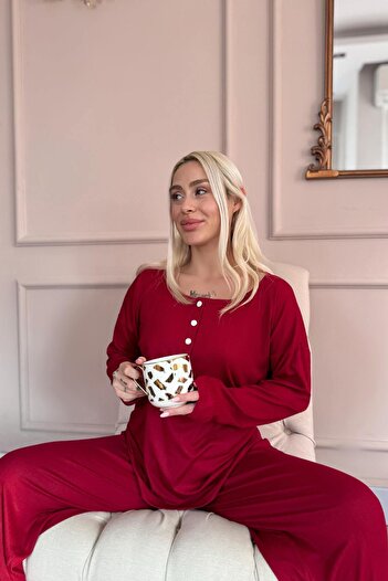 Pijamaevi Bordo Dublin Uzun Kollu Patlı Kadın Pijama Takımı