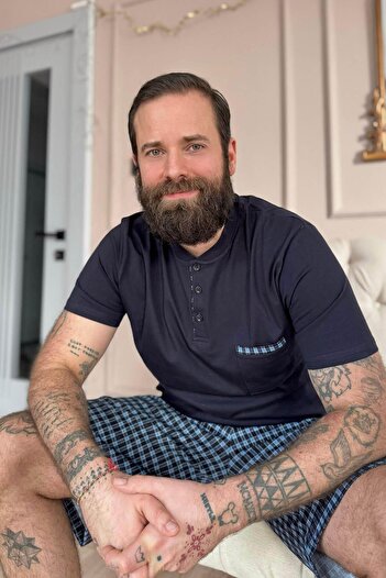 Pijamaevi Dark Navy Plaid Men's Short Sleeve Pajamas Set with Pocket Detail Shorts