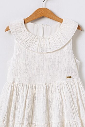 Bebüş Scoop Neck Muslin Fold Flared Ecru Girl's Dress - Lined 15602