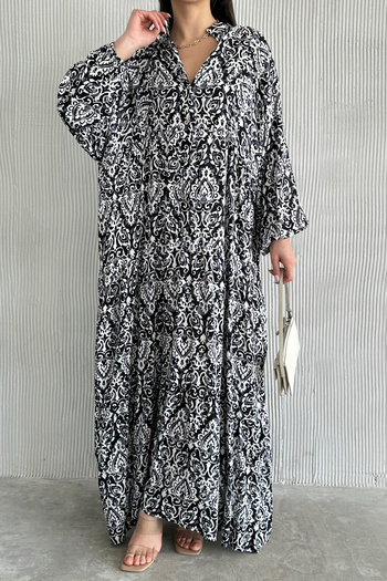 ASEDE 100% Viscose Bohemian Alaçatı Dress Buttoned Colorful Patterned Viscose Dress Suitable for Hijab Dress