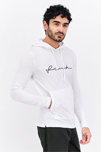 French Connection Men Hooded Embroidered Logo Long Sleeve Sweatshirt, White