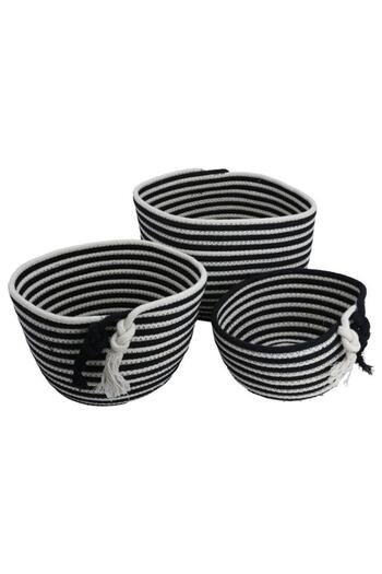 ALSAIF Cotton Baskets Set 25 X 30 X 35 Cm Striped Round 3 Pieces Black