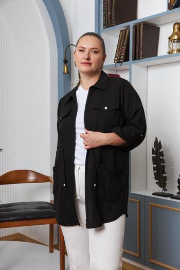 RMG Large Size Black Jacket with Zipper and Waist Lace Detail