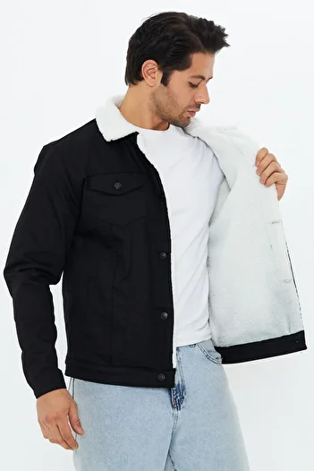 Oyga Men's Black Sheepskin Denim Jacket
