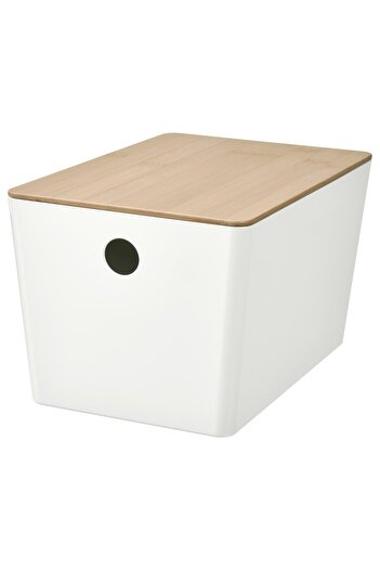 erorex Box with lid, white/bamboo, 18x26x15 cm