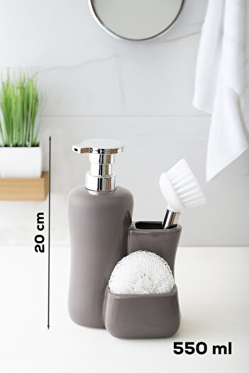 Porsima 277746 Countertop Gray Liquid Soap Dispenser Porcelain Soap Dispenser with Brush and Sponge (550ml) 20cm