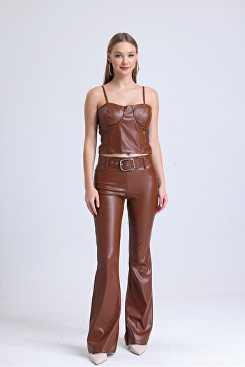 Sense Ζώνη Flare Leg Faux Leather Παντελόνι Pnt33313 Tan