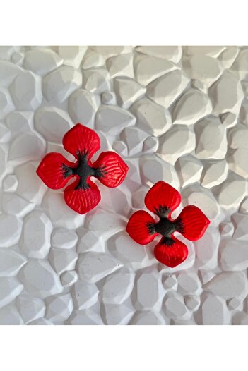 ACCESSORY Red Black Striped Flower Earrings Polymer Clay Earrings