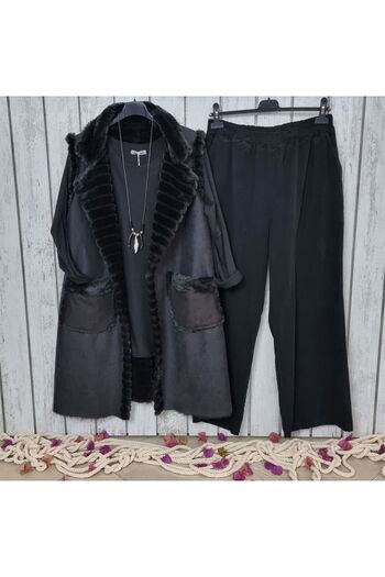 pudubutik Long Nubuck Vest with Fur Inside Black